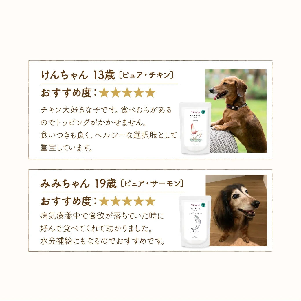 犬用フードのレビュー。チキン味とサーモン味の商品パッケージと、それを愛用するダックスフンドの写真と口コミ紹介