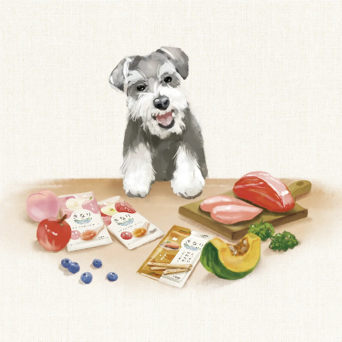 新鮮な肉や果物、無添加の犬用おやつに囲まれて微笑むシュナウザーのイラスト