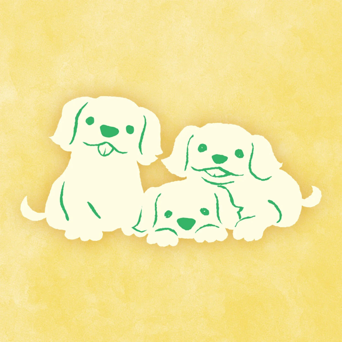 黄色い背景に描かれた、緑色の線でシンプルに表現された3匹の白い犬のイラスト